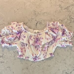 LoveShackFancy Purple Floral Ruffle Blouse